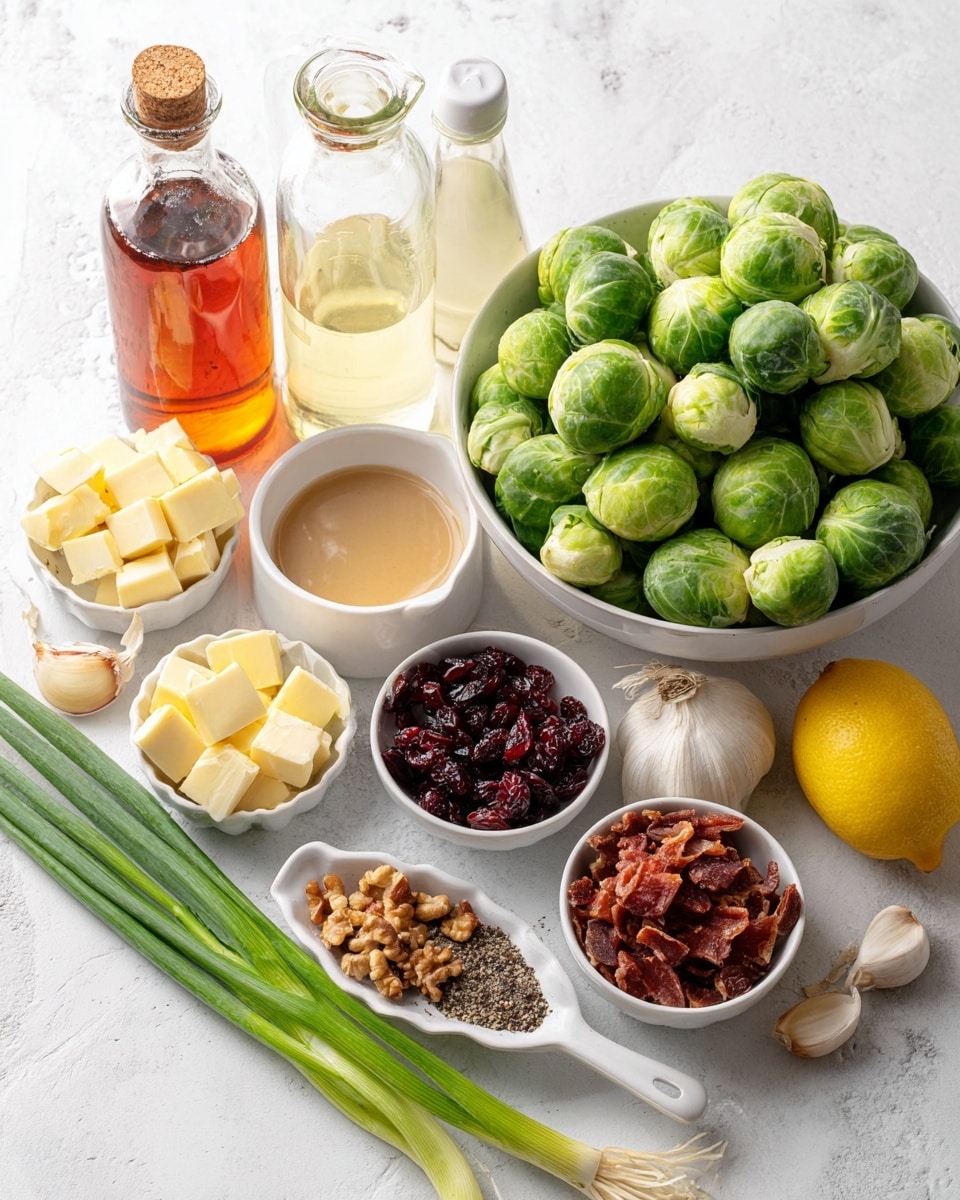 A close-up view of a salad in a wooden bowl, showing four main layers: thinly sliced green Brussels sprouts forming a fresh leafy base, round pale yellow Brussels sprouts slices scattered on top, large light brown walnut chunks, and white cheese cubes placed evenly. There are also small pieces of deep red dried cranberries and crispy brown bacon bits mixed throughout, with thin rings of light green spring onions sprinkled over the salad. The salad looks textured and colorful with a light dressing coating some parts, and the bowl rests on a white marbled surface. Photo taken with an iphone --ar 4:5 --v 7