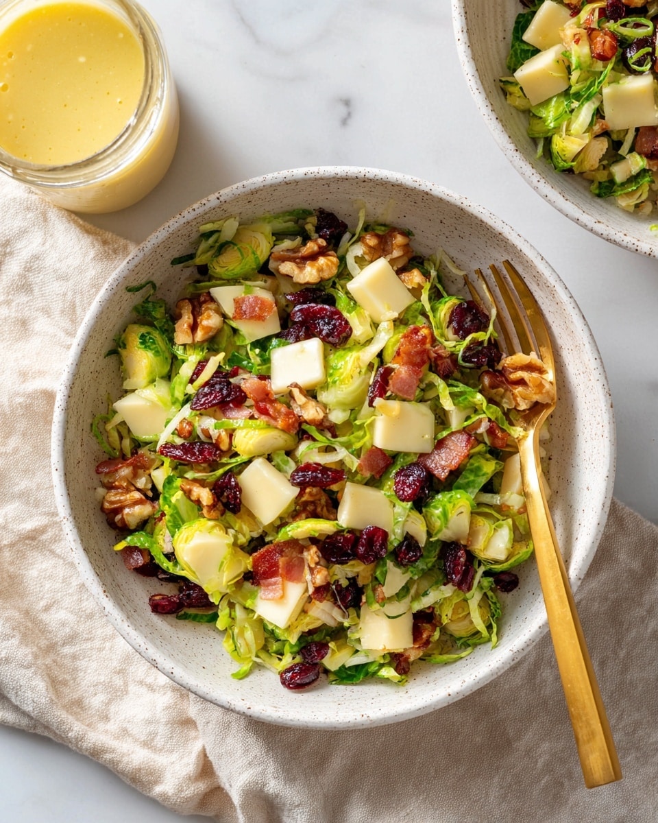 In the white speckled bowl, there is a fresh salad with multiple layers starting with shredded bright green Brussels sprouts, followed by chopped green onions scattered on top. Cubes of pale yellow cheese are spread evenly across the salad, mixed with dark red dried cranberries and crunchy segments of light brown walnuts. There are small pieces of crispy bacon adding a reddish-brown color, all glistening slightly as if lightly dressed. A gold fork with a matte finish rests inside the bowl, placed on a soft beige fabric. The bowl is set on a white marbled surface with a glass jar of thick light yellow dressing nearby. Photo taken with an iphone --ar 4:5 --v 7