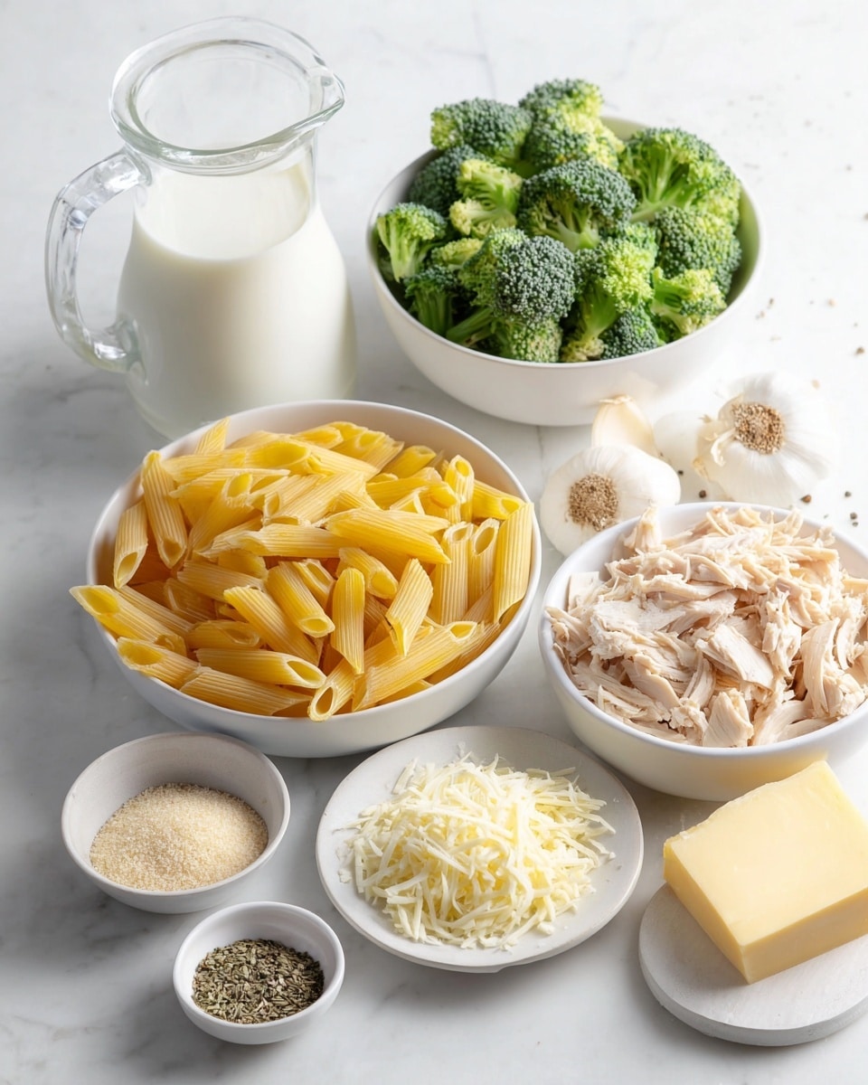 This dish shows a close-up of a creamy pasta bake served on a white plate placed on a white marbled surface. The bottom layer has penne pasta in a pale yellow creamy sauce. Scattered within the pasta are chunks of white cooked chicken pieces. Bright green broccoli florets are layered on top, covered with a melted light yellowish cheese sauce. The top layer is sprinkled with golden brown breadcrumbs, adding a crunchy texture. Small pieces of green herb garnish are lightly spread over the dish. The lighting highlights the creamy sauce texture and the slight crispiness of the breadcrumbs, giving a warm and comforting look. photo taken with an iphone --ar 4:5 --v 7