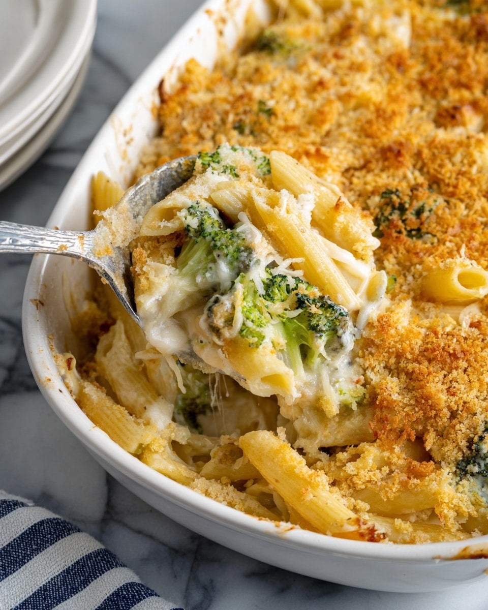 This image shows a close-up of a baked pasta dish in a white ceramic dish, featuring three main layers. The bottom layer consists of light yellow cooked penne pasta mixed with pieces of green broccoli and creamy white sauce. The middle layer is creamy and thick with melted cheese and small broccoli bits, blending into the pasta. The top layer is a golden-brown crunchy breadcrumb crust that covers the entire surface, adding texture and color contrast. A silver spoon is scooping some of the pasta from the dish, revealing the creamy sauce underneath. The whole scene is set on a white marbled surface with part of a white plate and a striped cloth towel visible. Photo taken with an iphone --ar 4:5 --v 7