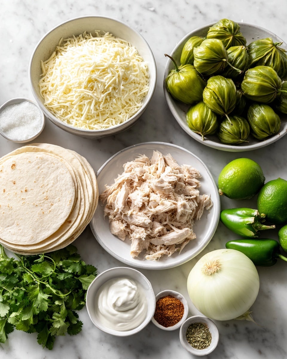 Two soft, light-yellow rolled tortillas covered with smooth green sauce sit on a white plate with small brown speckles. On top of the tortillas is a layer of melted cream-colored cheese that looks creamy and shiny. Thin rings of purple-red onion and small green cilantro leaves are scattered on the cheese. At the side of the plate, three slices of bright green avocado are placed neatly. The plate is set on a white marbled surface with part of a yellow cloth visible in the corner. Photo taken with an iphone --ar 4:5 --v 7