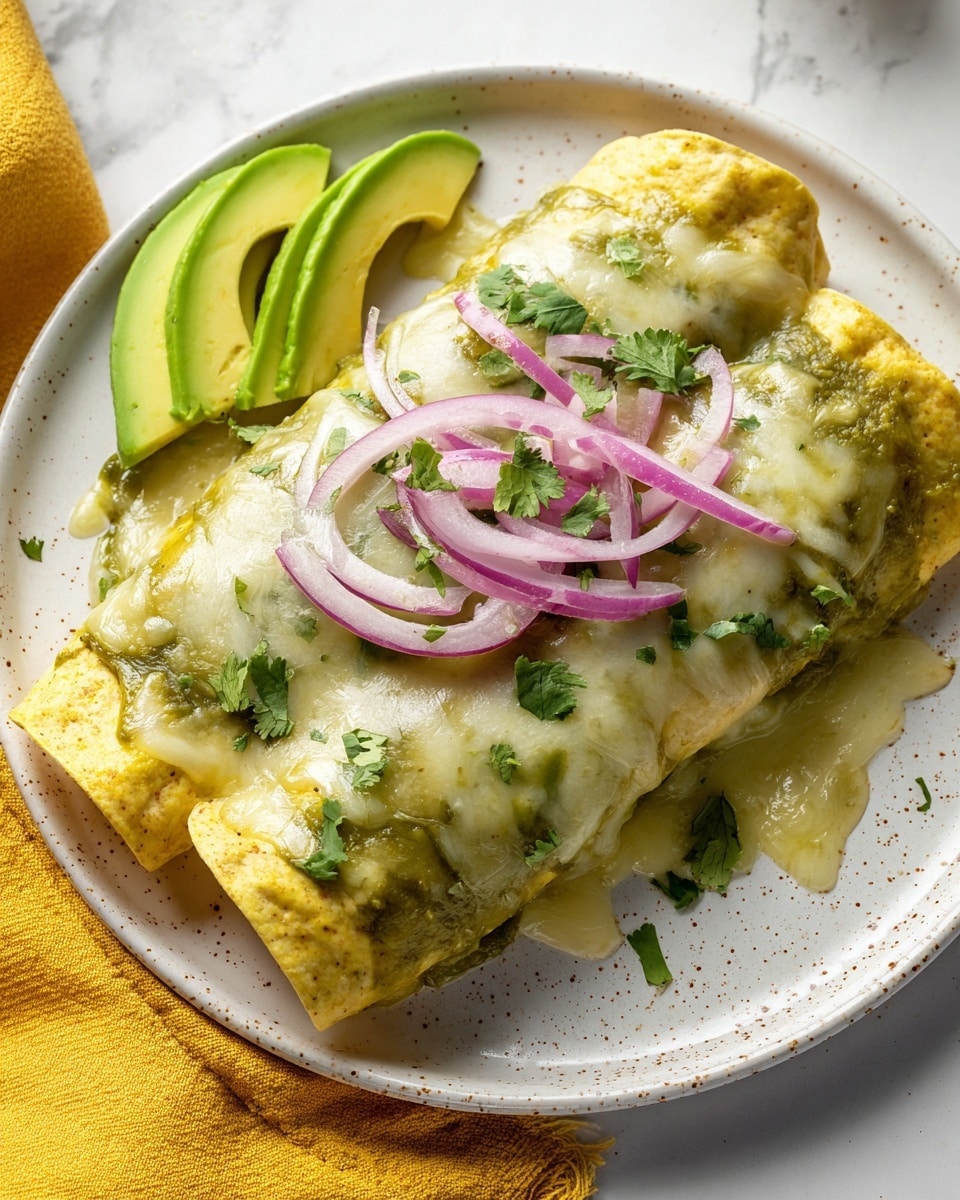 A white casserole dish holds three folded tortillas covered in melted white cheese. The tortillas sit in a light green sauce that fills the bottom of the dish. Thin slices of red onion and scattered chopped green cilantro leaves lie on top of the melted cheese. Around the dish, there are small wooden bowls of fresh cilantro leaves and red onion slices, with lime wedges on a white marbled surface beneath. A bright yellow cloth is partly visible on the side. photo taken with an iphone --ar 4:5 --v 7