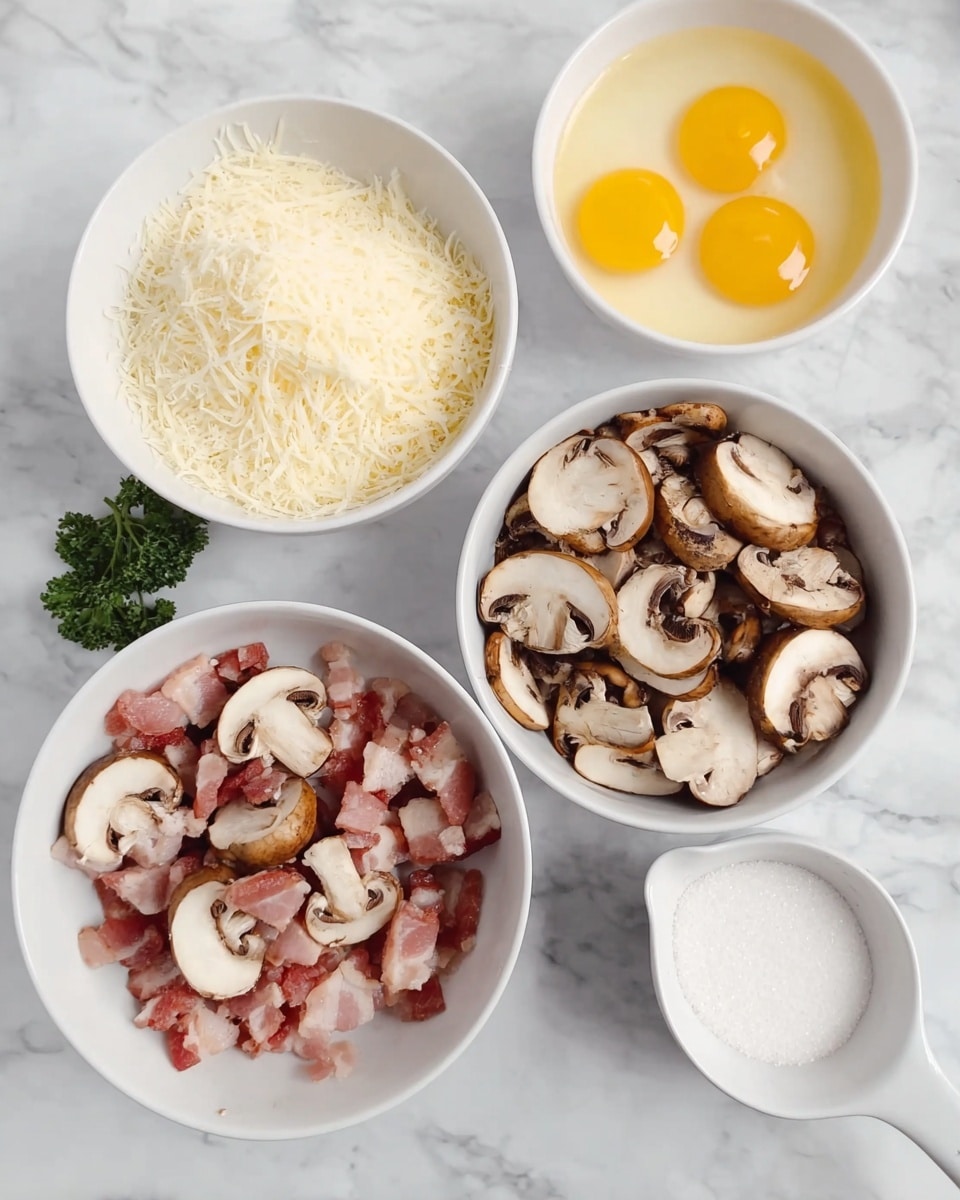 The image shows five white bowls arranged on a white marbled surface. The front left bowl holds small cubes of raw bacon with white fat and pink meat. Next to it, on the right, another bowl is full of sliced brown mushrooms with white undersides. Above these, a bowl holds four raw egg yolks in a pale yellow liquid. To the left, there is a bowl of grated white cheese with a fine texture. Finally, a white measuring cup filled with white granulated sugar sits to the far right. The bowls and cup are all white, and everything is neatly arranged. Photo taken with an iphone --ar 4:5 --v 7