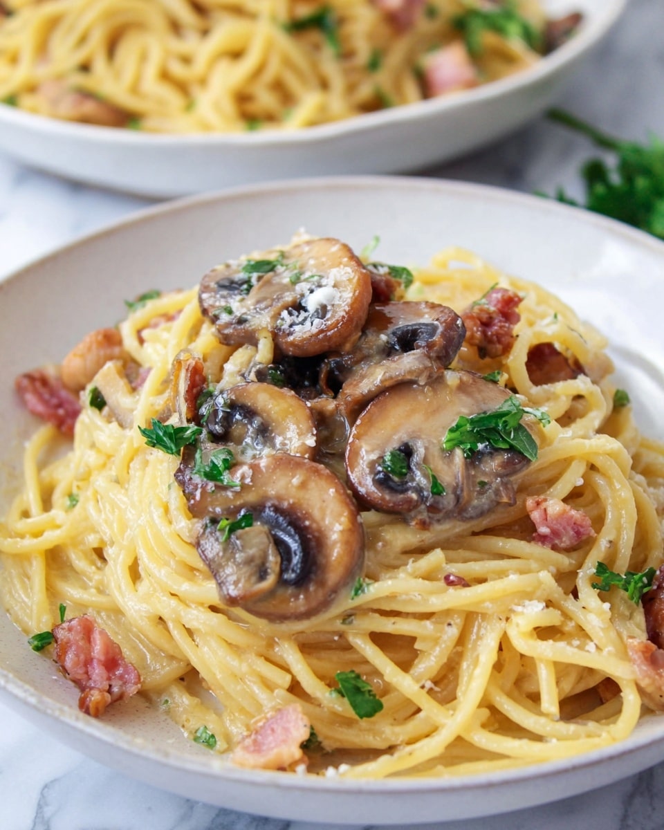The image shows a white plate filled with three layers of yellow spaghetti noodles on a white marbled surface. On top, there are several brown sautéed mushroom slices with a shiny texture, small pinkish-brown pieces of bacon scattered around, and green parsley leaves adding freshness. The dish looks creamy with a light sauce coating the pasta strands and is sprinkled with a small amount of grated cheese. In the background, there is a blurred white bowl with more spaghetti. Photo taken with an iphone --ar 4:5 --v 7