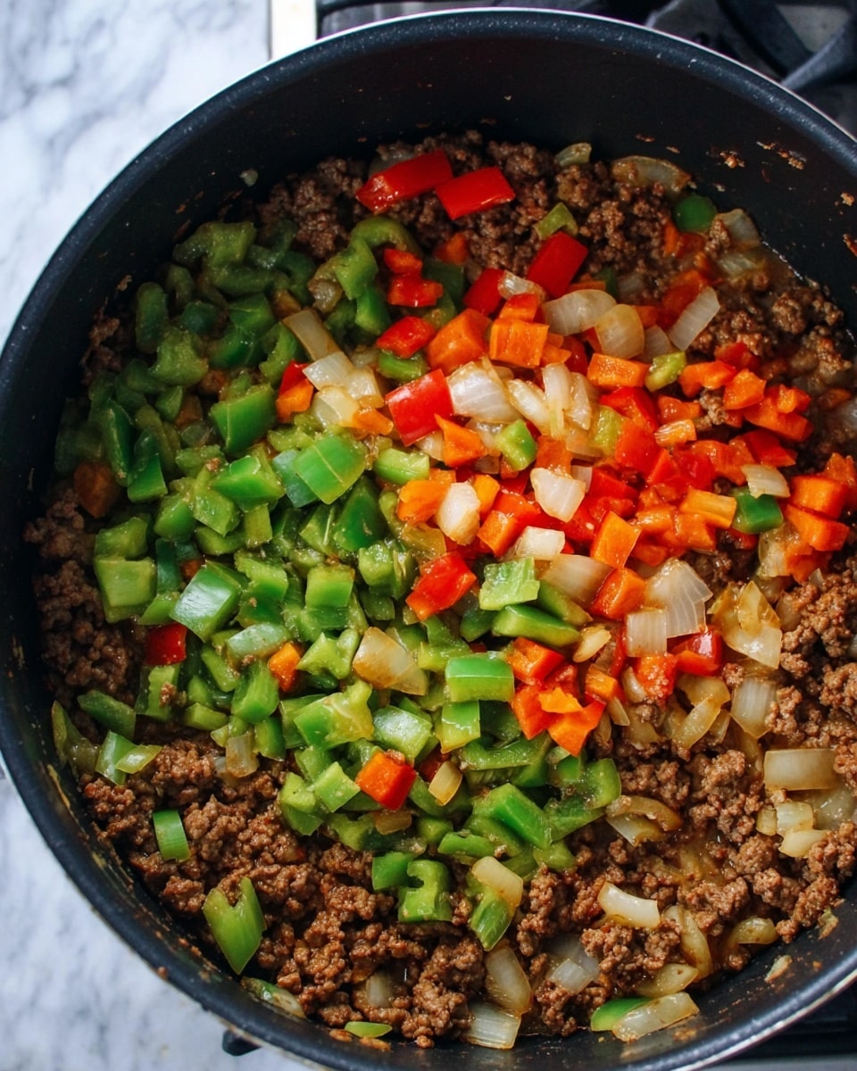 A close-up of a black cooking pot filled with a colorful mix of browned ground meat and diced vegetables. The dish has three main layers: the bottom layer is the cooked ground meat with a crumbly texture in brown color, the middle layer is made of diced green bell peppers with a fresh, slightly soft texture, and the top layer includes bright red and orange diced bell peppers mixed with chunks of translucent white onions, all evenly spread throughout the pot. The pot rests on a stove with a white marbled surface visible around it. photo taken with an iphone --ar 4:5 --v 7