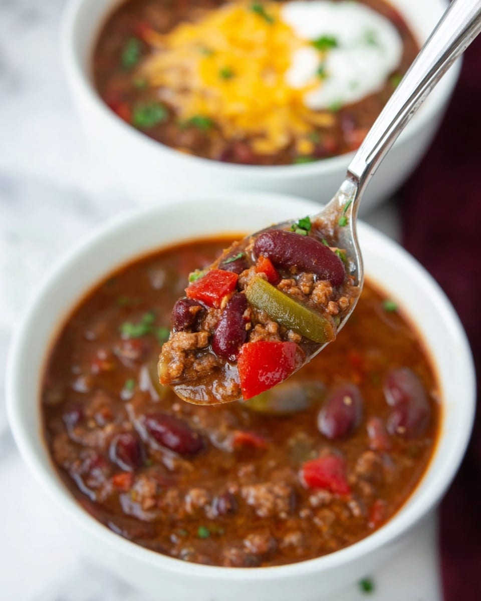 The image shows two white bowls filled with a thick, rich chili stew placed on a white marbled surface. The chili is dark red-brown with visible layers including small pieces of beef, red kidney beans, chunks of tomatoes, and green bell pepper bits. On top of the chili, there is a layer of melted yellow cheese and scattered fresh green sliced spring onions. One bowl has a dollop of white sour cream on the side, next to the chili. A silver spoon is partially dipped into the front bowl, angled towards the viewer. A red cloth is softly blurred in the background to the left. Photo taken with an iphone --ar 4:5 --v 7