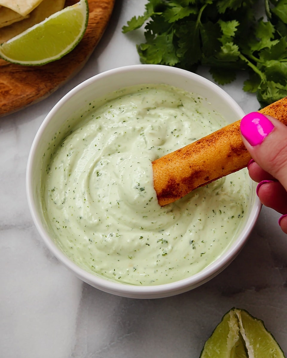 A thick pale green sauce with small specks of spices inside fills a white ridged ramekin bowl placed on a wooden surface. Behind the bowl, there is a blurred half lime showing light and dark green shades, some green leafy herbs, and golden-brown rolled tortilla-like pieces on a white plate. The scene is set on a white marbled texture background. photo taken with an iphone --ar 4:5 --v 7