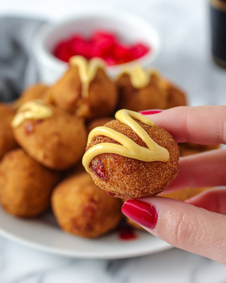 A white plate is filled with many round, deep-fried balls that have a brown, crispy texture. Each ball is drizzled with thick yellow mustard sauce in curvy lines across the top. Behind the plate, there is a small white bowl filled with bright red, small round peppers with green tips. The setting is on a white marbled surface with a blurred dark bottle in the background. photo taken with an iphone --ar 4:5 --v 7