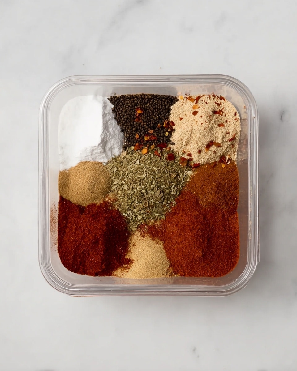 A close-up shot shows a silver spoon held , filled with a finely ground reddish-brown spice mix with tiny green and white specks. In the blurred background, there's an open clear spice jar also containing the same spice blend, resting on a white marbled surface. Behind the jar, a small white bowl filled with whole dried red chili peppers is slightly out of focus. The overall colors include warm reddish tones and cool metallic silver from the spoon, contrasting with the clean white marbled background. Photo taken with an iphone --ar 4:5 --v 7