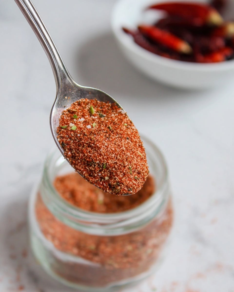 A close-up of a clear glass jar lying on its side on a white marbled surface, spilling a mix of colorful spices. The spices have a mix of reds, oranges, and browns with small green herb flakes spread unevenly throughout. In the background, there is a white bowl filled with bright red berries, slightly out of focus. The textures highlight the rough, grainy look of the spice mix with some scattered grains outside the jar photo taken with an iphone --ar 4:5 --v 7