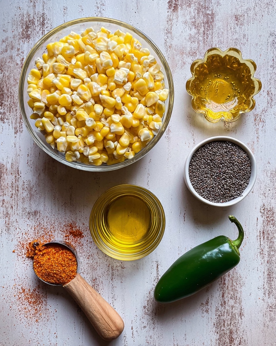 A clear bowl full of frozen yellow and white corn kernels is placed at the top center on a white marbled texture. Below it and slightly to the left is a clear glass cup filled with golden liquid, likely oil. To the right of the cup is a small scalloped clear glass bowl with a golden-yellow liquid inside, possibly honey or syrup. On the right side near the top is a small white bowl filled with black and white chia seeds. At the bottom right is a fresh green jalapeño pepper, and towards the bottom left is a metal measuring scoop filled with reddish-orange spice, resting on a wooden handle. Photo taken with an iphone --ar 4:5 --v 7