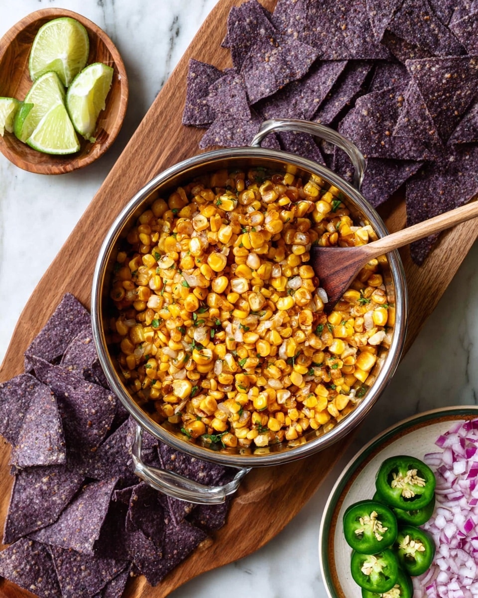 A shiny metal bowl filled with two layers of golden roasted corn kernels, some slightly browned, with a wooden spoon inside the bowl resting on the corn. The bowl sits on a wooden board surrounded by many purple tortilla chips spread out underneath and around it. To the left of the bowl is a small wooden dish containing five thin lime slices, and on the right side of the image, there is part of a white plate holding chopped red onions and green sliced jalapeños with a small wooden spoon. The entire scene is set on a white marbled surface. Photo taken with an iphone --ar 4:5 --v 7