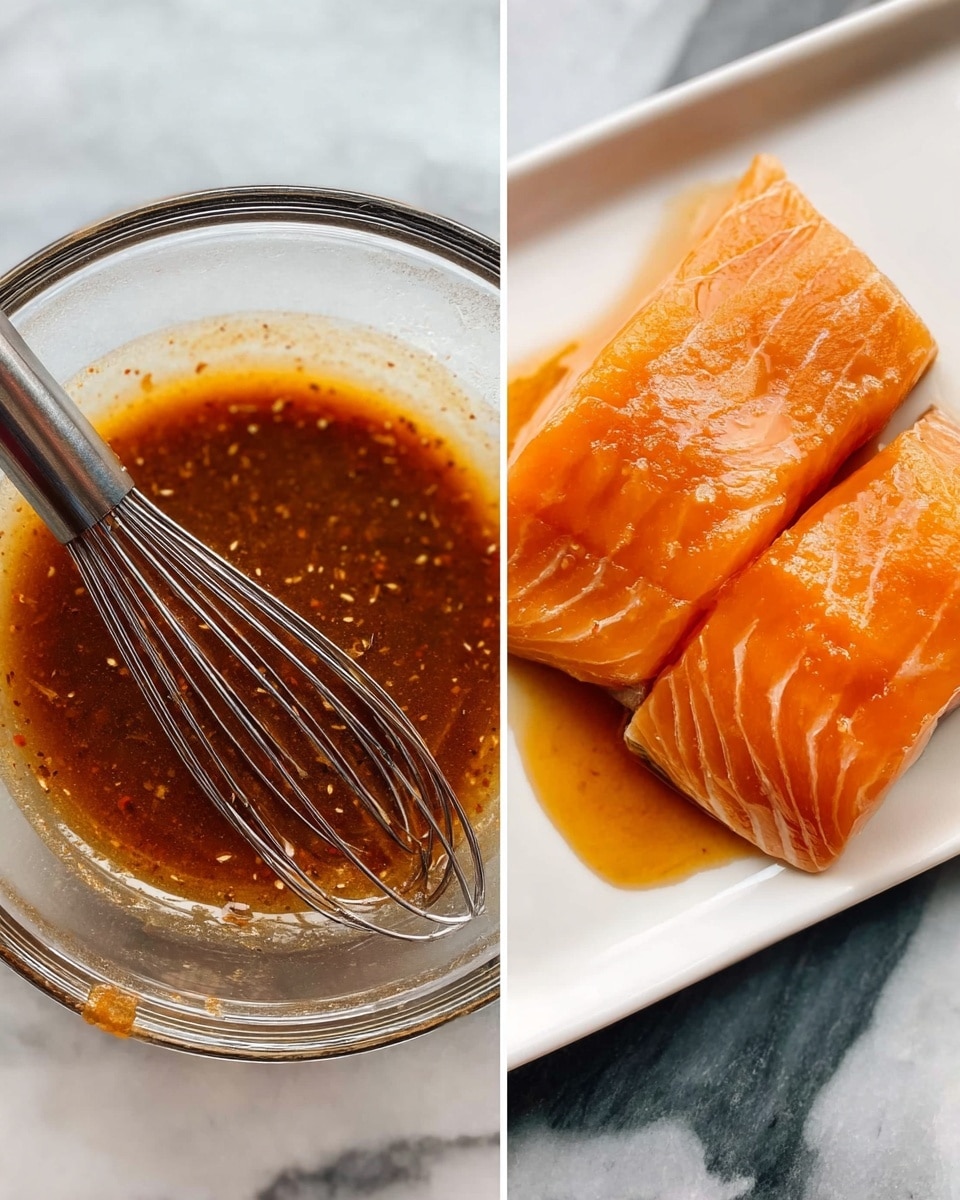 On the left, a clear glass bowl with a shiny metal whisk resting inside holds a thick orange-brown sauce with a smooth texture, sitting on a white marbled surface. On the right, two large, bright orange fish fillets with a glossy, slightly oily coating lie side by side on a clean white rectangular plate, the sauce lightly pooling around them. The colors contrast with the natural orange tones of the fish and the rich dark hues of the sauce against the white marbled background. photo taken with an iphone --ar 4:5 --v 7