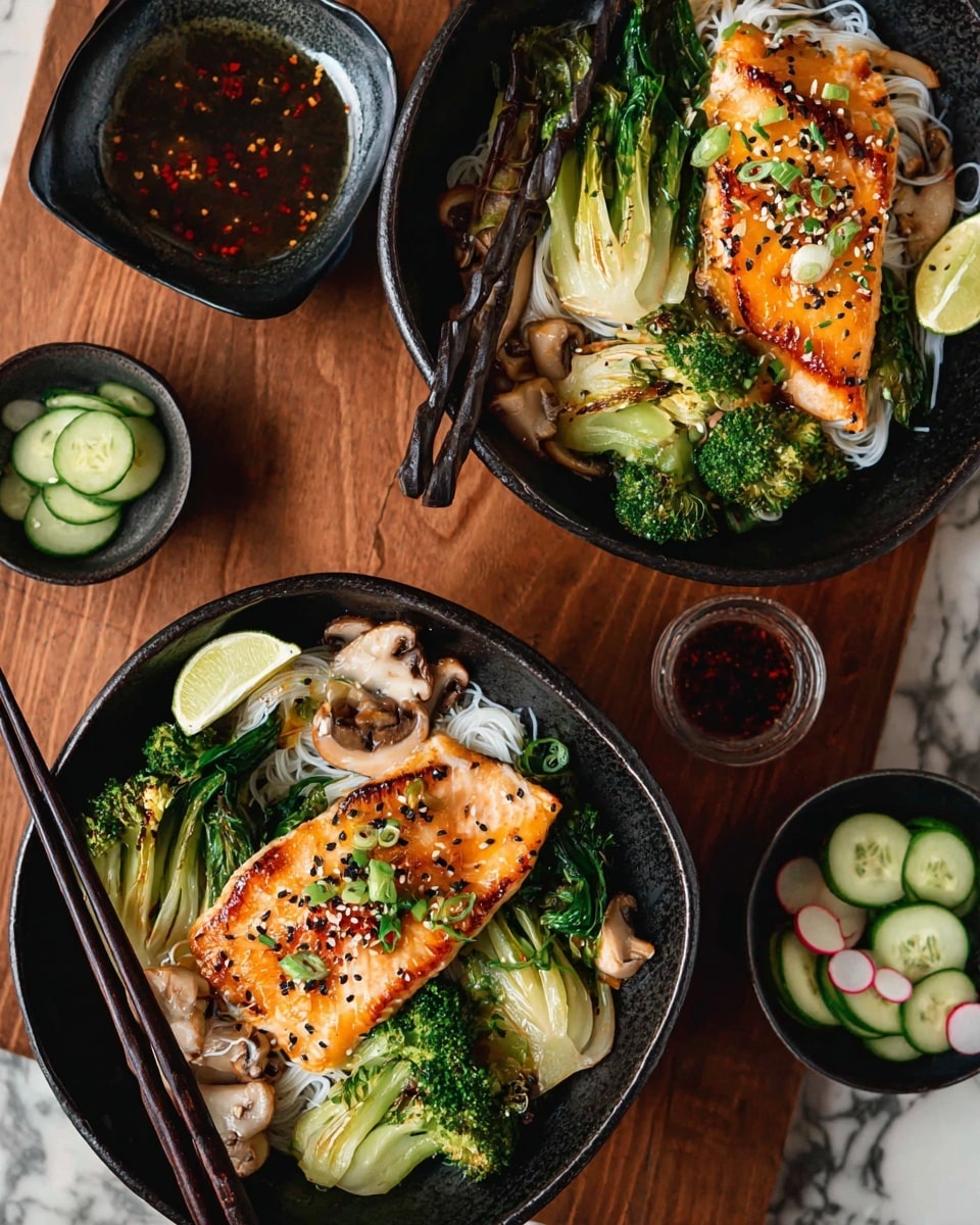Two black bowls hold layered dishes starting with a base of white rice noodles. On top, there are bright green broccoli florets and lightly charred baby bok choy, with slices of light brown mushrooms scattered around. Two pieces of orange-glazed cooked fish rest centrally on each bowl, sprinkled with black and white sesame seeds and small green herbs. Lime wedges sit on the edge of the bowls, adding a fresh green pop. Dark chopsticks rest on the bowls' rims. Around the bowls, there are small black dishes with sliced cucumbers, radishes, and a dark red chili sauce, all on a wooden table with a white marbled textured surface underneath. Photo taken with an iphone --ar 4:5 --v 7