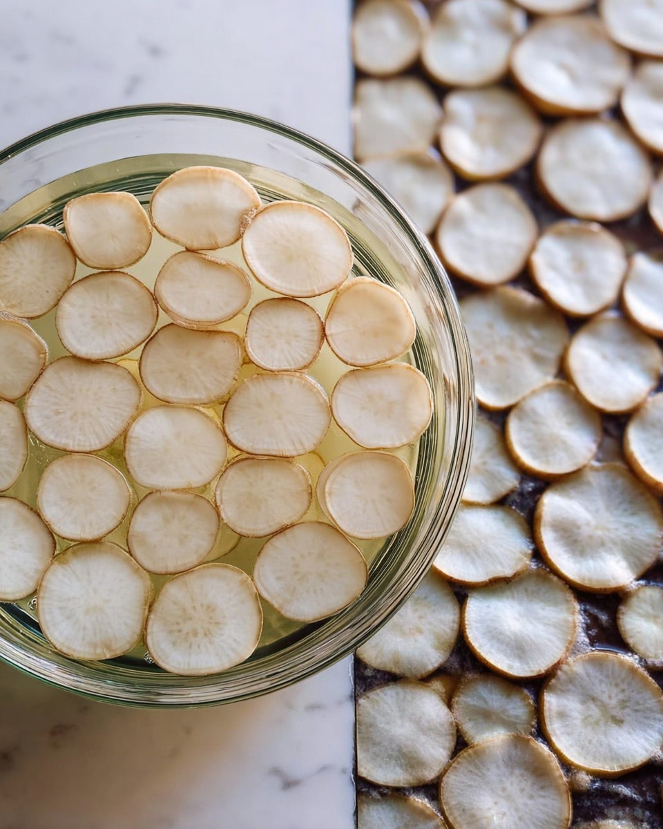 The image shows thin white round slices of a root vegetable soaking in clear water inside a clear glass bowl on a white marbled surface. The slices have light brown edges and are layered evenly inside the bowl. Next to it, there is a close-up of many similar round slices spread out flat, overlapping slightly in a pattern that forms sections over a dark and white marbled surface, showing their translucency and thin texture. Photo taken with an iphone --ar 4:5 --v 7
