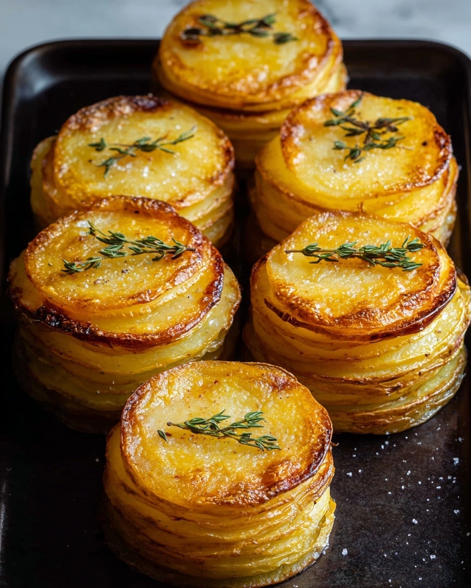 Six round stacks of thin potato slices are baked to a golden brown color, with the edges slightly crisp and layered tightly to form towers about three to four layers high. Each stack has a sprig of fresh green herb on top, adding a touch of color contrast to the rich yellow and golden tones of the cooked potatoes. The stacks sit closely together on a dark baking tray, which rests on a white marbled surface. The potatoes' surface shows a shiny, slightly oily texture with some salt flakes visible, giving a fresh, warm, and appetizing look. Photo taken with an iphone --ar 4:5 --v 7