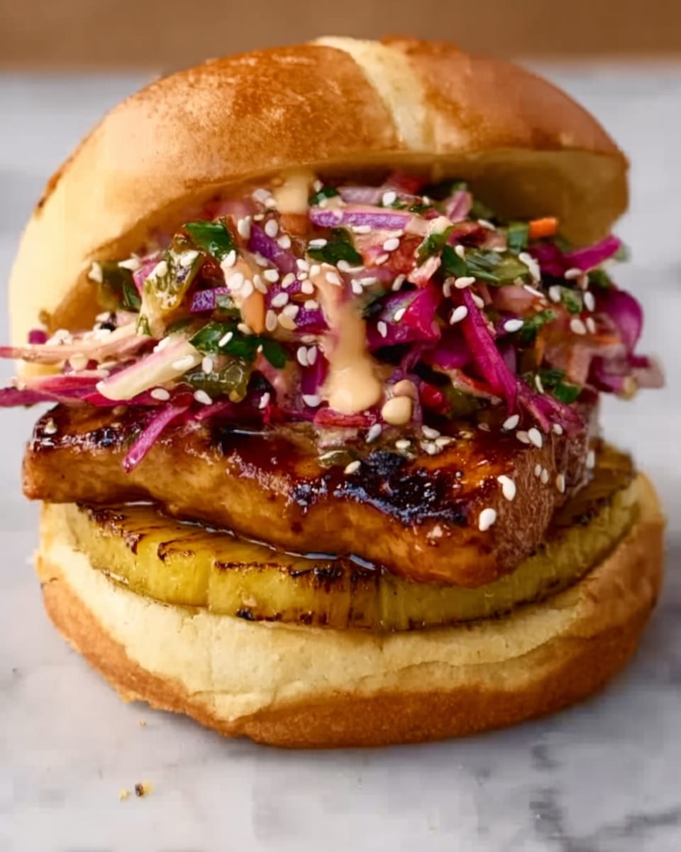 A close-up view of several sandwiches lined up on a wooden board with a white marbled background. Each sandwich has a soft, light brown bun as the top and bottom layers. The bottom bun holds a grilled yellow pineapple ring with light char marks, followed by a glazed, dark brown grilled chicken piece showing some sesame seeds. On top of the chicken, there is a colorful mix of shredded purple and white cabbage, orange carrot strips, diced red tomatoes, and green herbs scattered throughout. The top bun rests slightly tilted on the colorful vegetable mix, completing the stack. photo taken with an iphone --ar 4:5 --v 7