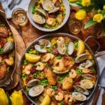 Spring Paella Mixta with Chicken, Shrimp, Chorizo & Clams Recipe