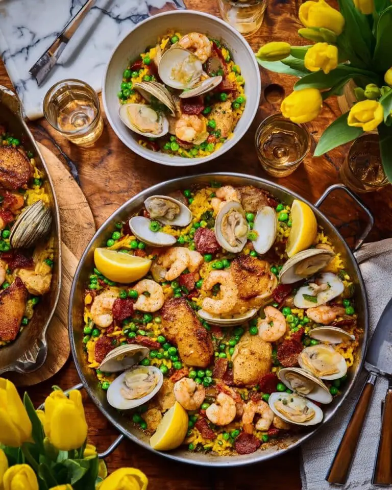 Spring Paella Mixta with Chicken, Shrimp, Chorizo & Clams Recipe