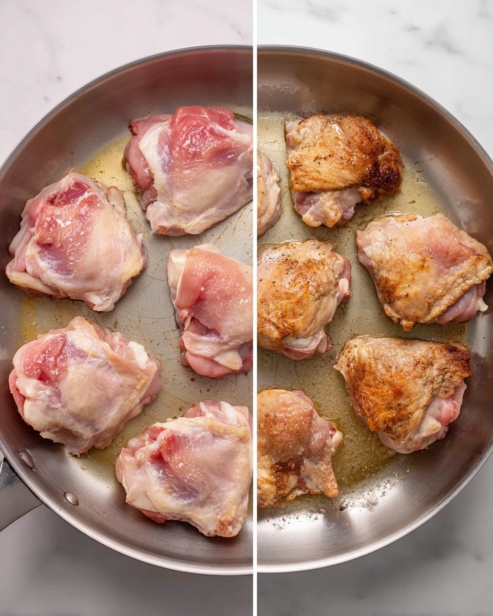 Two side-by-side images show the cooking process of chicken thighs in a silver pan on a white marbled surface. The left image has six raw chicken thighs arranged loosely in a circle inside the pan, each pink with white fat and some red bone spots visible. The right image shows the same six thighs cooked to a golden brown with a crispy, slightly textured skin, evenly spaced in a similar circular pattern inside the pan. The pan surface has small oil spots and some cooked bits visible. photo taken with an iphone --ar 4:5 --v 7