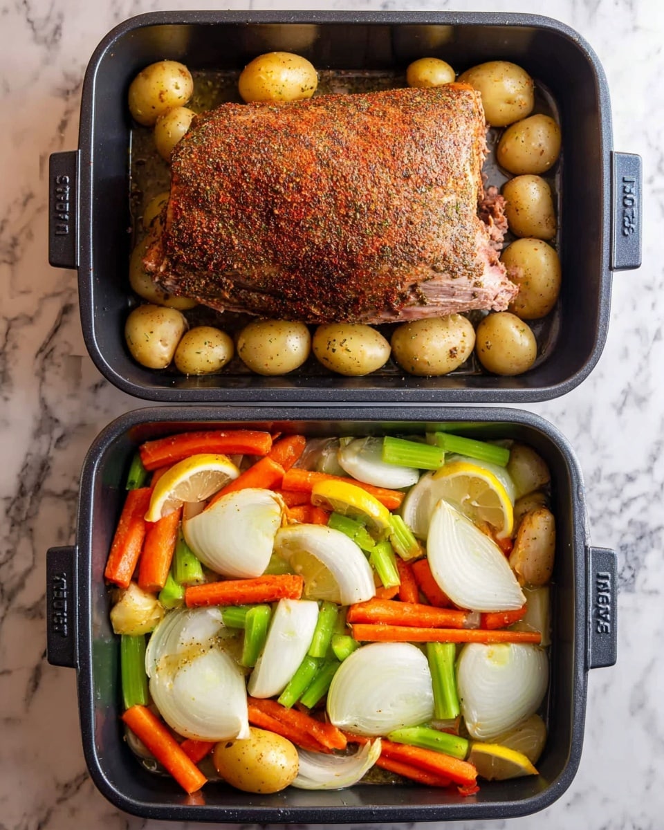 The image shows a dark rectangular roasting pan with two stages of preparation. The first stage has a bottom layer made of small white potatoes scattered across the pan. Mixed among the potatoes are short pieces of bright green celery and orange carrot, along with large white onion rounds placed evenly down the center and wedges of yellow lemon spread across. In the second stage, there is the same vegetable and potato layer at the bottom, topped by a large piece of cooked meat seasoned with a dark, speckled rub, covering most of the pan's surface. The pan is set on a white marbled surface. photo taken with an iphone --ar 4:5 --v 7