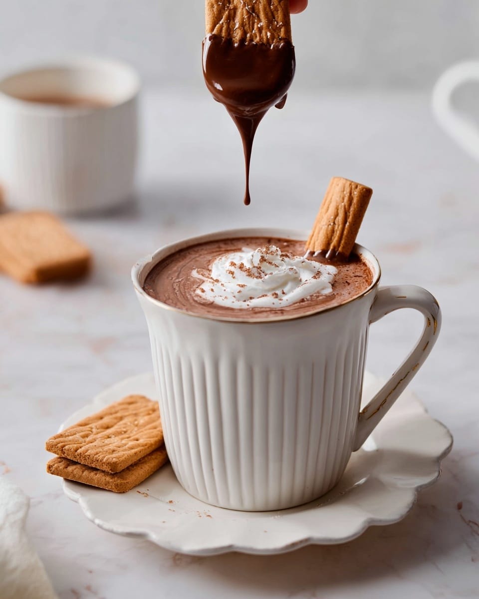 A white ribbed ceramic mug sits on a white plate with soft gray lines radiating outward like waves, placed on a white marbled surface. A smooth brown liquid is being poured into the mug, forming a thin stream from above. A small drip of the liquid runs down the side of the mug handle. Next to the mug on the plate, two rectangular golden brown biscuits with detailed edges and simple patterns lie flat, adding texture and color contrast. The soft light highlights the glossy surface of the mug and the rich color of the liquid. Photo taken with an iphone --ar 4:5 --v 7