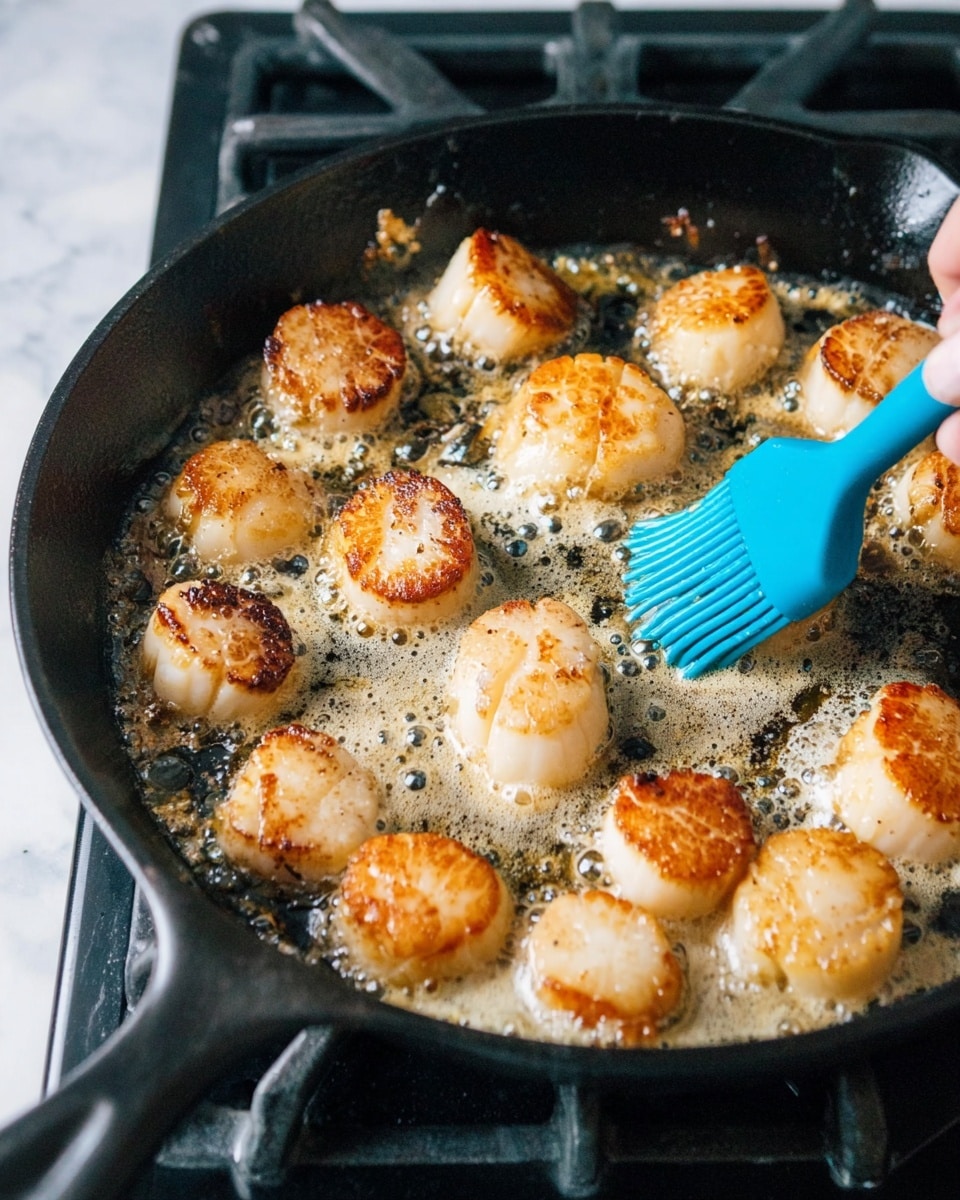 A white plate filled with around fifteen golden-brown seared scallops, each having a slightly crispy edge and tender, juicy center. The scallops are glistening with seasoned butter and sprinkled evenly with finely chopped green herbs, creating small green flecks on top. On the side, there are wedges of lemon providing bright yellow color. A woman’s hand is holding a bronze fork gently piercing one scallop at the center, lifting it slightly above the plate. The background and surface are a clean white marbled texture. photo taken with an iphone --ar 4:5 --v 7