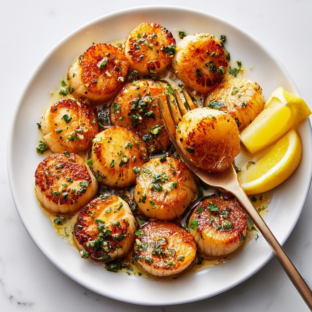 The image shows a black cast iron pan on a stove with about sixteen browned scallops cooking in bubbling butter. The scallops are golden brown on top with crispy edges, and some bubbles rise around them in the melted butter. A woman's hand holds a blue silicone brush, gently basting the scallops with butter on the right side of the pan. The pan and stove sit on a white marbled surface. photo taken with an iphone --ar 4:5 --v 7