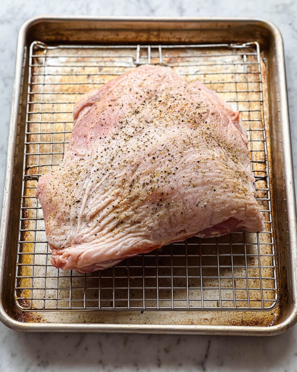 A large piece of raw meat with pale pink skin and a layer of white fat on top is placed on a silver wire rack over a metal baking sheet. The top layer is sprinkled with coarse salt and cracked black pepper, giving small black and white speckles across the surface. The texture of the meat's skin is slightly bumpy and soft-looking, with some visible folds and wrinkles around the edges. The baking sheet underneath shows some spots of browning and wear, resting on a white marbled surface. photo taken with an iphone --ar 4:5 --v 7
