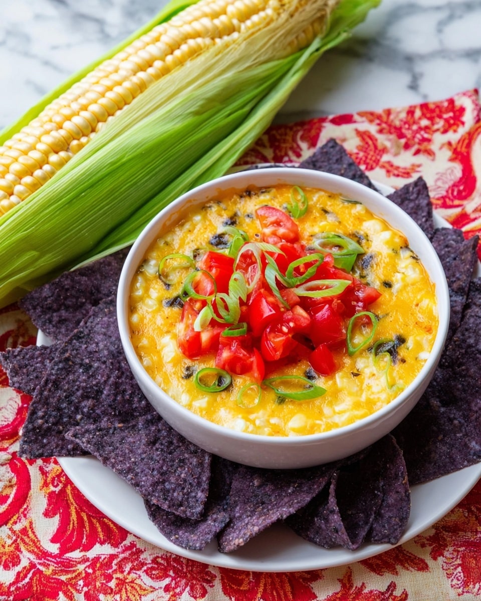A white bowl filled with three layers: a bottom layer of creamy yellow corn mix with visible corn kernels, a middle melted cheesy layer with a smooth, shiny texture, and a top layer of bright red chopped tomatoes scattered evenly. On top of the tomatoes are thin slices of green onion pieces spread out. The bowl is placed on a white plate surrounded by irregular dark purple corn chips around its edge. Behind, there is a fresh ear of yellow-white corn with green husks resting on a red and cream patterned cloth, all set on a white marbled surface. Photo taken with an iphone --ar 4:5 --v 7