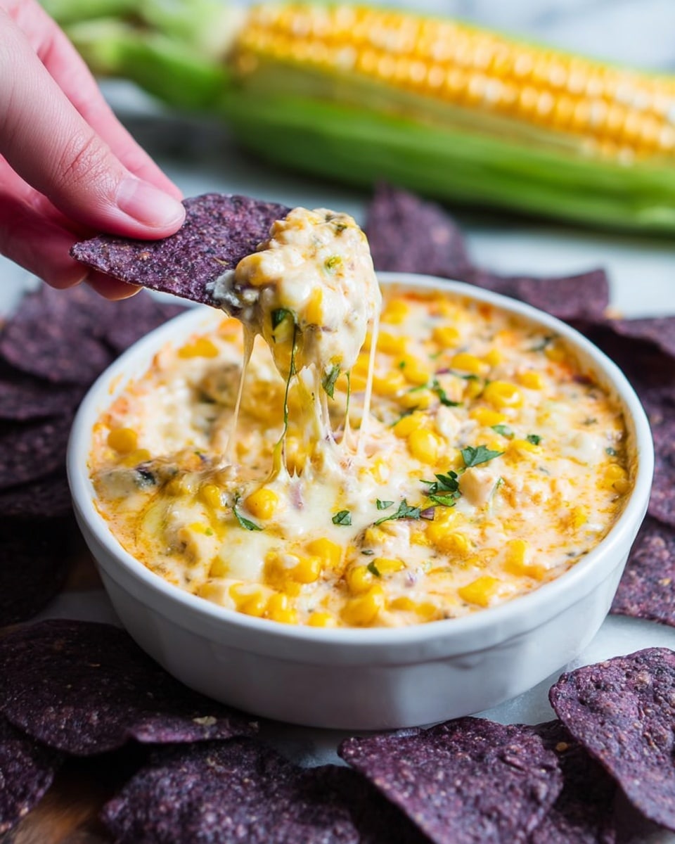 A white round bowl filled with a creamy cheesy corn dip, the top layer showing melted yellow and white cheese mixed with whole yellow corn kernels and bits of green herbs. A woman's hand is dipping a dark purple corn chip scooping up stringy melted cheese and corn, stretching upwards from the bowl. The bowl sits on a white marbled surface surrounded by more dark purple corn chips. A fresh ear of corn with green husk is blurred in the background. Photo taken with an iphone --ar 4:5 --v 7