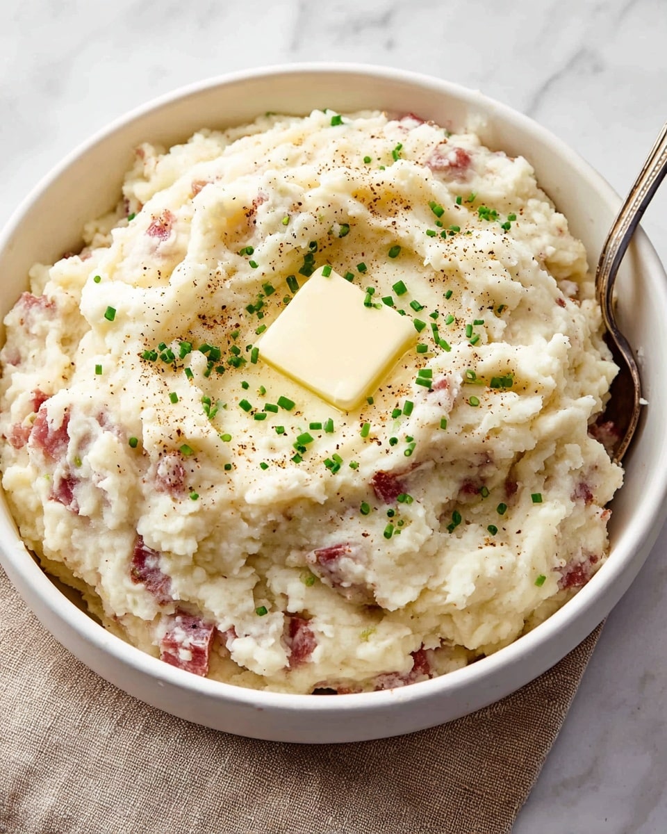 A white bowl filled with creamy mashed potatoes showing bits of red skin throughout, creating a mix of off-white and light red colors in the rough-textured mash. On top, a square piece of melting pale yellow butter is sprinkled with small green chopped chives and black pepper, adding green and black specks. The bowl is placed on a beige cloth over a surface with a white marbled texture. Photo taken with an iphone --ar 4:5 --v 7