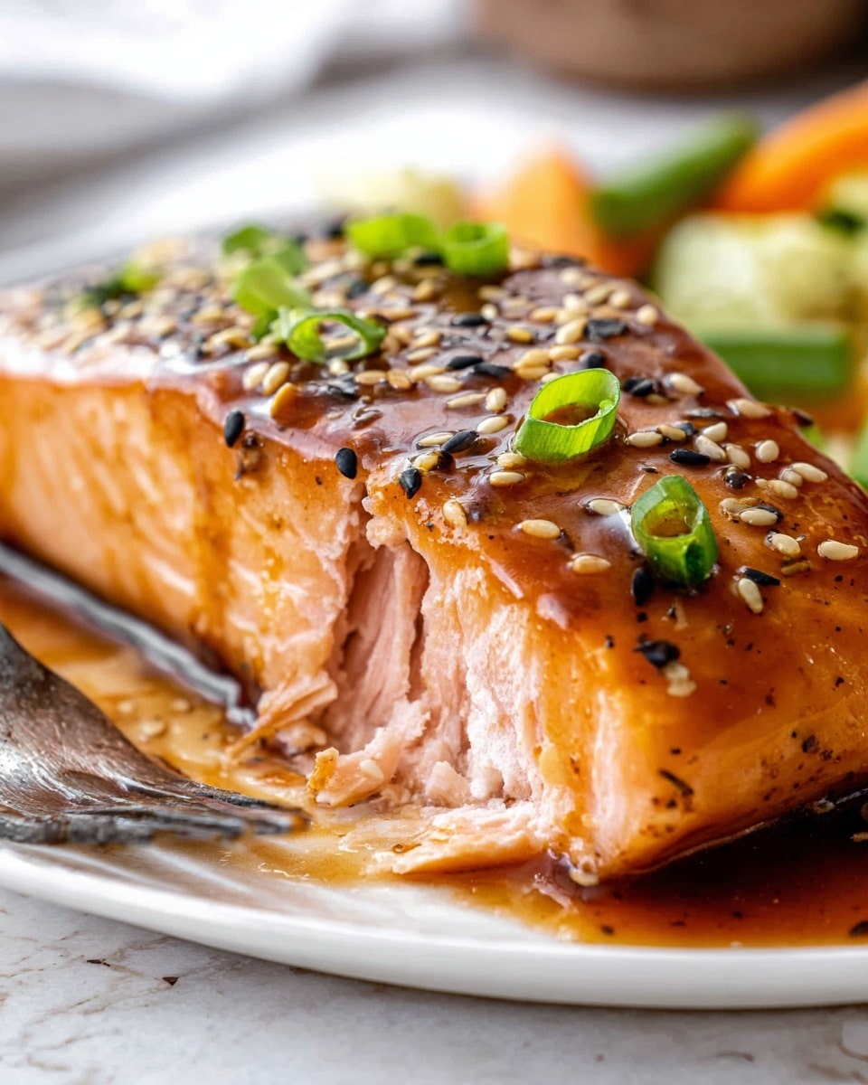 The image shows a white plate with three main parts: a golden-brown glazed salmon fillet in the front, topped with black and white sesame seeds and small green onion slices; behind the salmon is a mix of cooked vegetables including green snap peas, dark green zucchini slices, and orange carrot pieces; on the right side of the plate is a neat mound of white rice with a soft texture. The plate sits on a white marbled surface. Photo taken with an iphone --ar 4:5 --v 7
