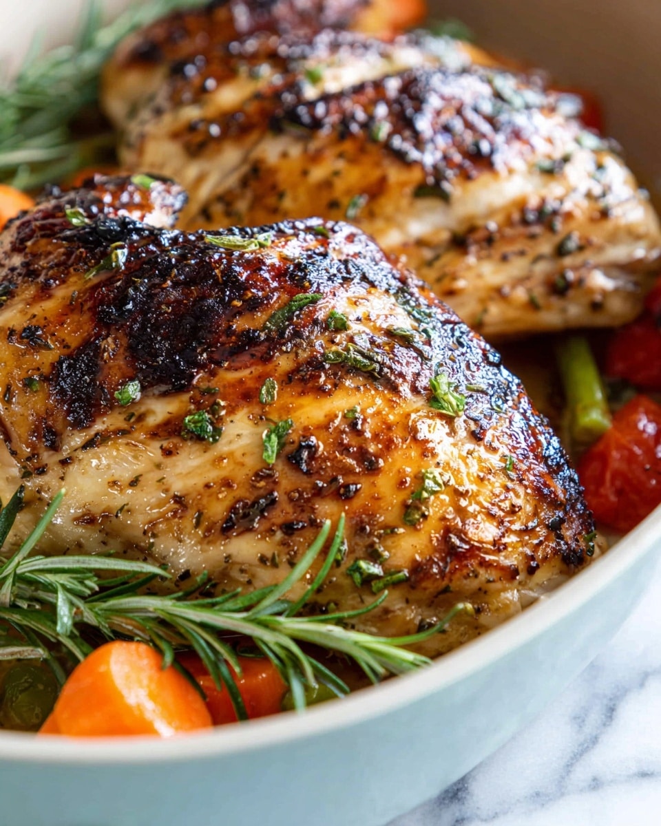 In a white enameled pan, there are four golden-brown cooked chicken pieces with grill marks, each topped with a small sprinkle of green herbs. Below and around the chicken, there are bright green asparagus spears, sliced brown mushrooms, and halved cherry tomatoes in red and orange colors. Fresh rosemary sprigs are placed on top of the chicken and vegetables, adding a touch of dark green. The pan is set on a white marbled surface with a white and blue striped cloth partially visible on the right side. Photo taken with an iphone --ar 4:5 --v 7