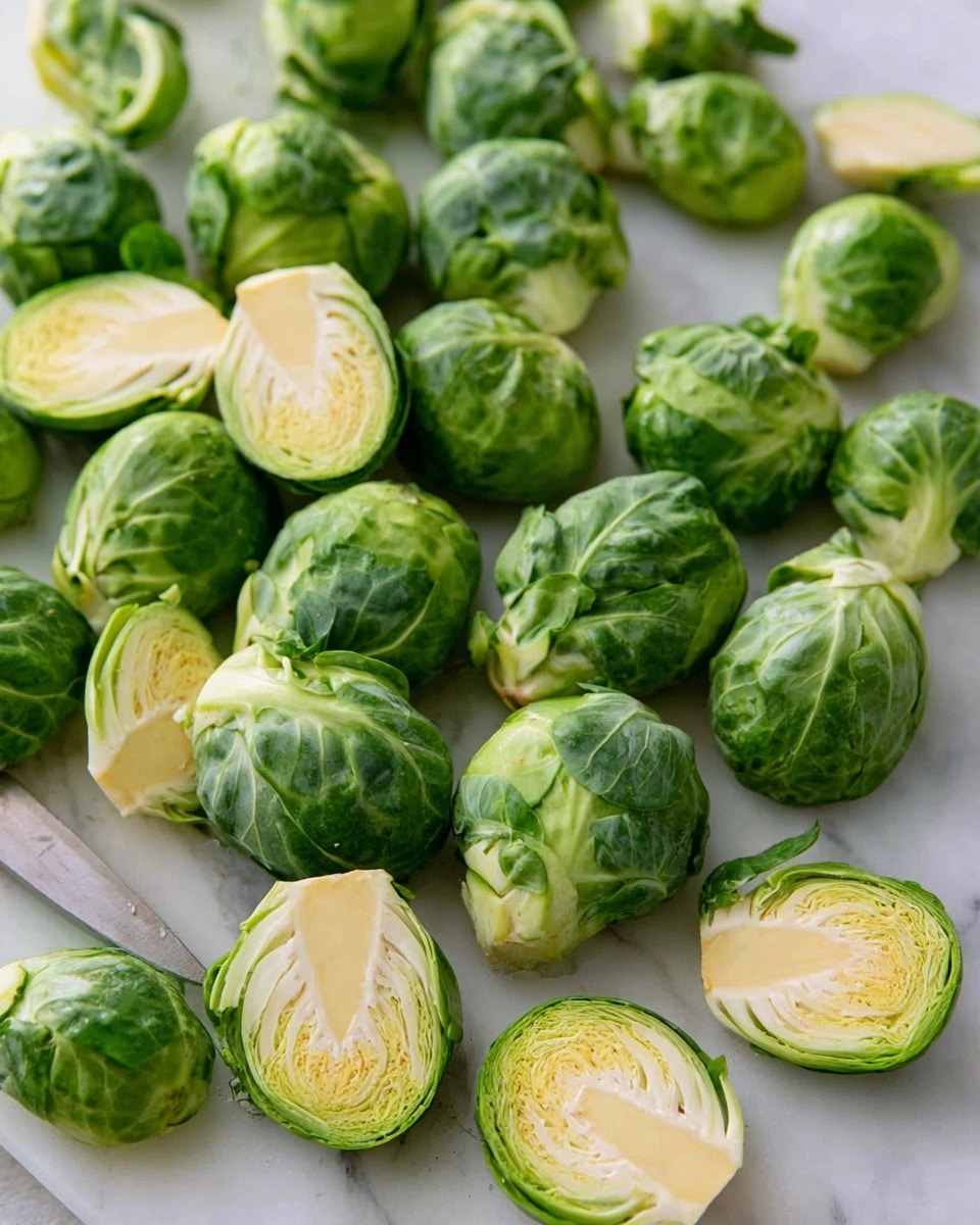 The image shows many Brussels sprouts scattered on a white marbled surface. Some Brussels sprouts are whole with dark and light green outer leaves, while others are cut in half, revealing their pale yellow and light green inner layers. The sprouts have a fresh and smooth texture, and the arrangement is random, with no plate or bowl in sight. Photo taken with an iphone --ar 4:5 --v 7