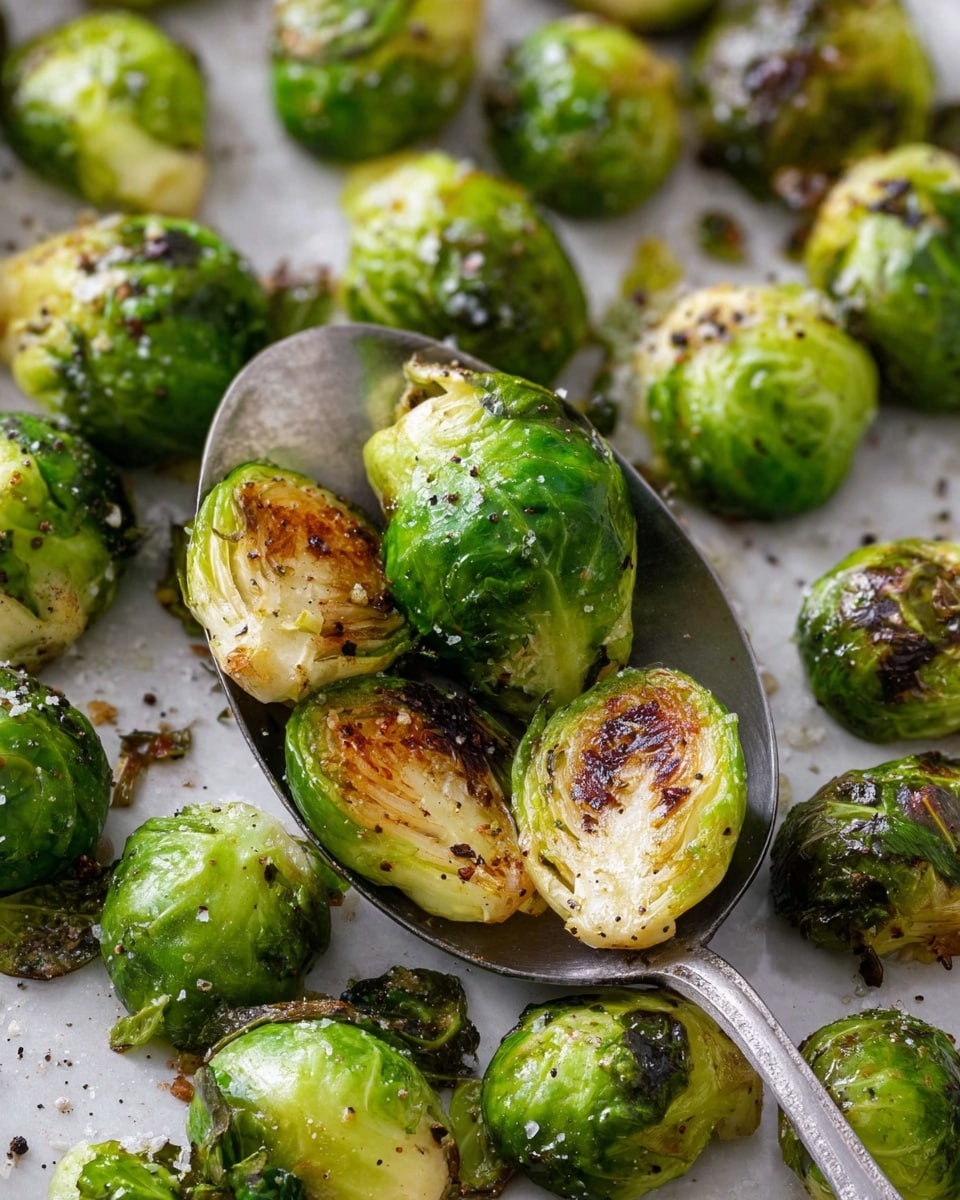 A white bowl filled with roasted Brussels sprouts, some whole and some cut in half showing their light green and slightly browned inner layers. The outer leaves are glossy and dark green, with charred spots giving a crispy texture. The Brussels sprouts are sprinkled with coarse salt and black pepper, adding contrast to the green and brown colors. A silver spoon rests inside the bowl on the top right, with some Brussels sprouts on it. The bowl is placed on a white marbled surface. photo taken with an iphone --ar 4:5 --v 7