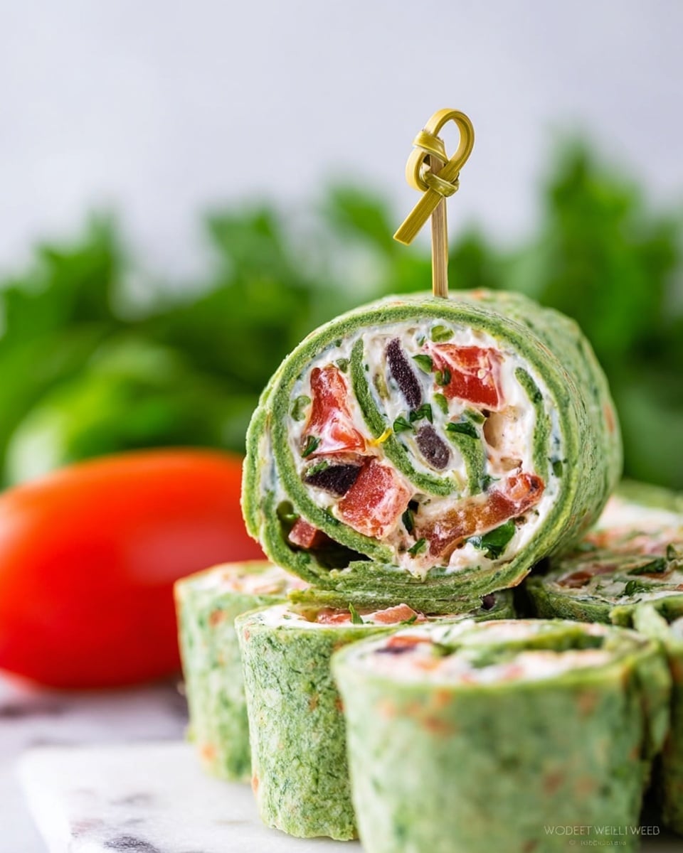 The image shows a wooden round plate filled with green spinach tortilla roll-ups stacked in two layers. The bottom layer has several rolled slices lying flat, showing a creamy white filling with visible small pieces of red tomatoes, dark olives, and green herbs. The top layer has three rolls stacked in a small pyramid shape, clearly showing the same filling textures. Bright green parsley leaves are placed beside the rolls for decoration. The background is soft with a white marbled texture, with some green herbs and a red tomato blurred behind the plate photo taken with an iphone --ar 4:5 --v 7