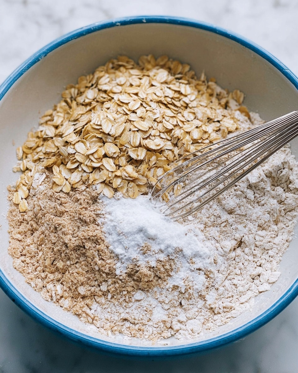A close-up view of a mix of dry ingredients in a white bowl with a blue outer ring, placed on a white marbled surface. The mix has three main parts: a layer of light brown flour at the bottom, a pile of light beige rolled oats on top and to the left, and a small mound of white powdery baking soda or salt near the center, slightly covering the oats. A metal whisk with thin wires rests on the mix, positioned on the right side, partially buried in the ingredients. photo taken with an iphone --ar 4:5 --v 7