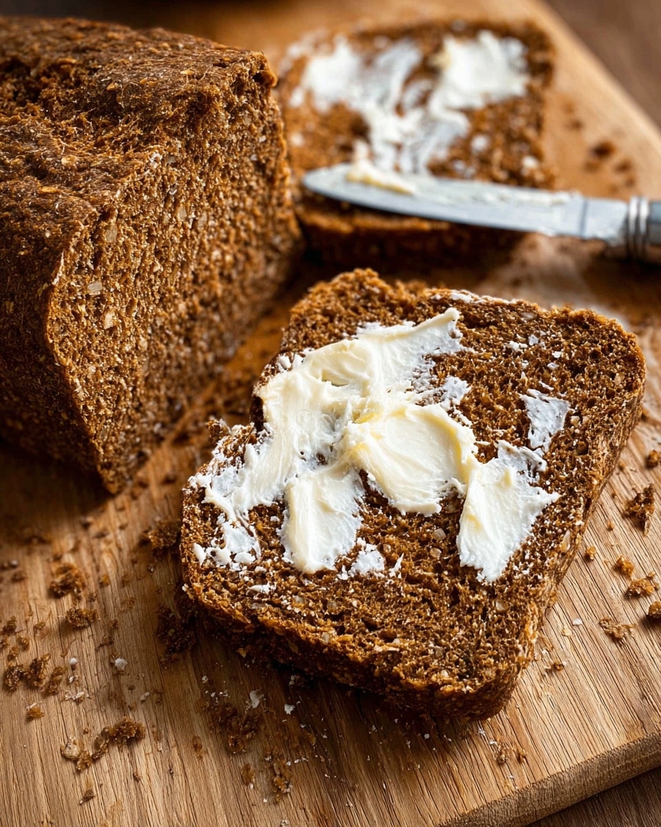 The image shows two thick slices of dark brown bread with a coarse, grainy texture placed on a wooden board. The slice in front has uneven patches of white butter spread on it, creating a creamy contrast against the rough surface of the bread. Small bread crumbs are scattered around the slices on the board. A metal spreading knife with some white butter on its blade lies next to the slices on the board. The background is not visible. Photo taken with an iphone --ar 4:5 --v 7