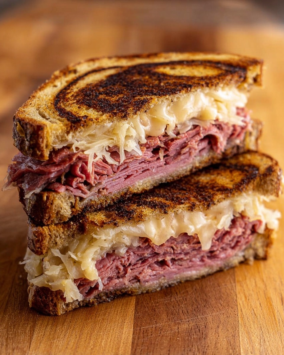 A sandwich with three clear layers is shown from above on a wooden cutting board. The bottom layer is dark brown rye bread with a rough texture and some seeds visible. On top of the bread, there is a single slice of light yellow Swiss cheese, smooth and square with small holes near the edges. The top layer is thinly sliced roast beef in soft folds, deep red with slight marbling, covering the cheese fully. On the roast beef is a pile of light yellow sauerkraut with a slightly wet and shredded look, spread unevenly across the center. The background is a white marbled surface. Photo taken with an iphone --ar 4:5 --v 7