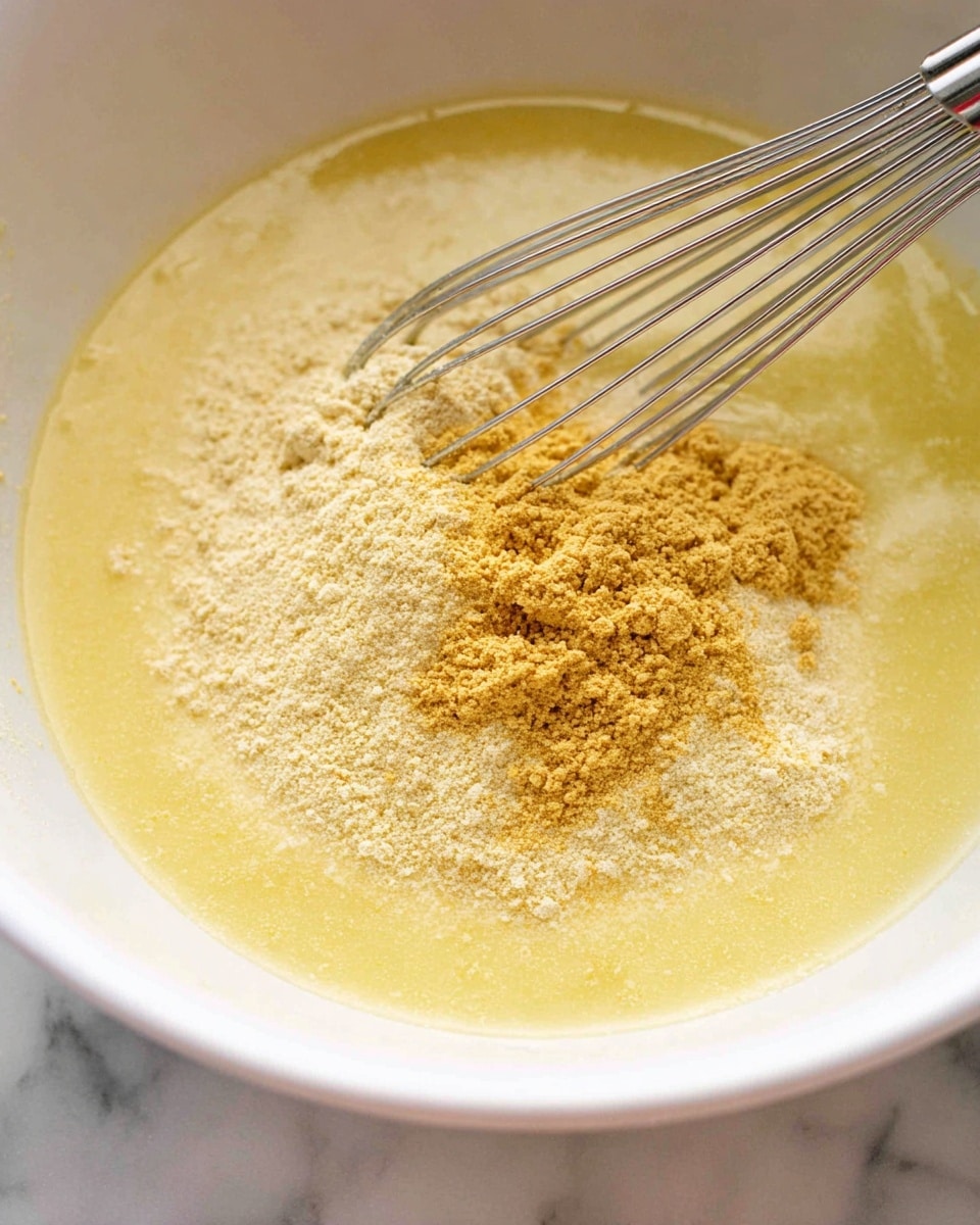 The image shows a close-up of a white bowl filled with a light yellow liquid mixture at the bottom. A pile of fine, pale yellow powder is sitting on top of the liquid in the center. On top of this pile, there is a smaller heap of slightly darker golden powder. A silver whisk with thin wires is partially inserted into the powders, stirring them into the liquid. The background surface is a white marbled texture. photo taken with an iphone --ar 4:5 --v 7