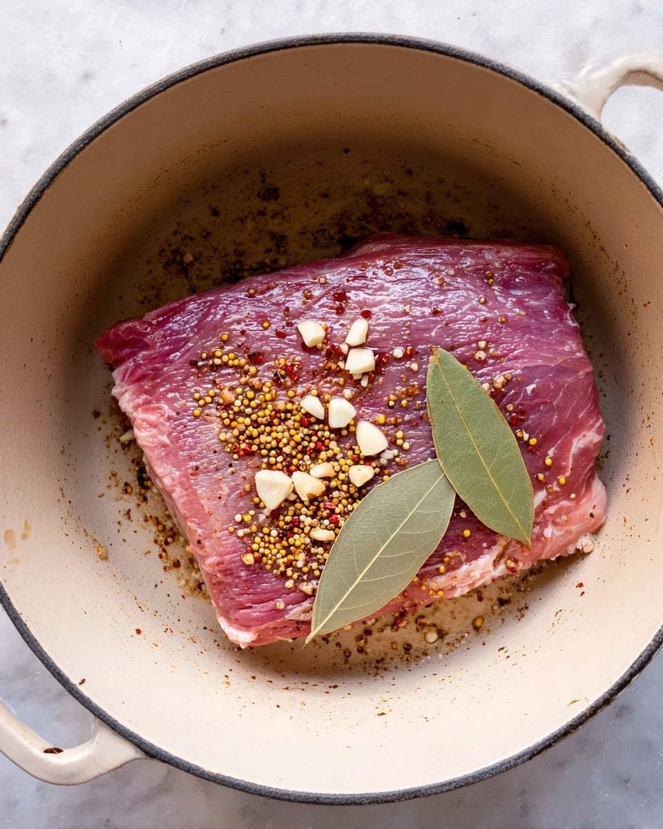 A raw piece of pink beef with white fat marbled inside lies flat in a cream-colored pot. On top of the meat, there are scattered sliced white garlic pieces along with a mix of small mustard yellow seeds, brown cumin seeds, and red chili flakes. Two green bay leaves rest in the pot, one under and one beside the meat. The pot sits on a white marbled surface. Photo taken with an iphone --ar 4:5 --v 7