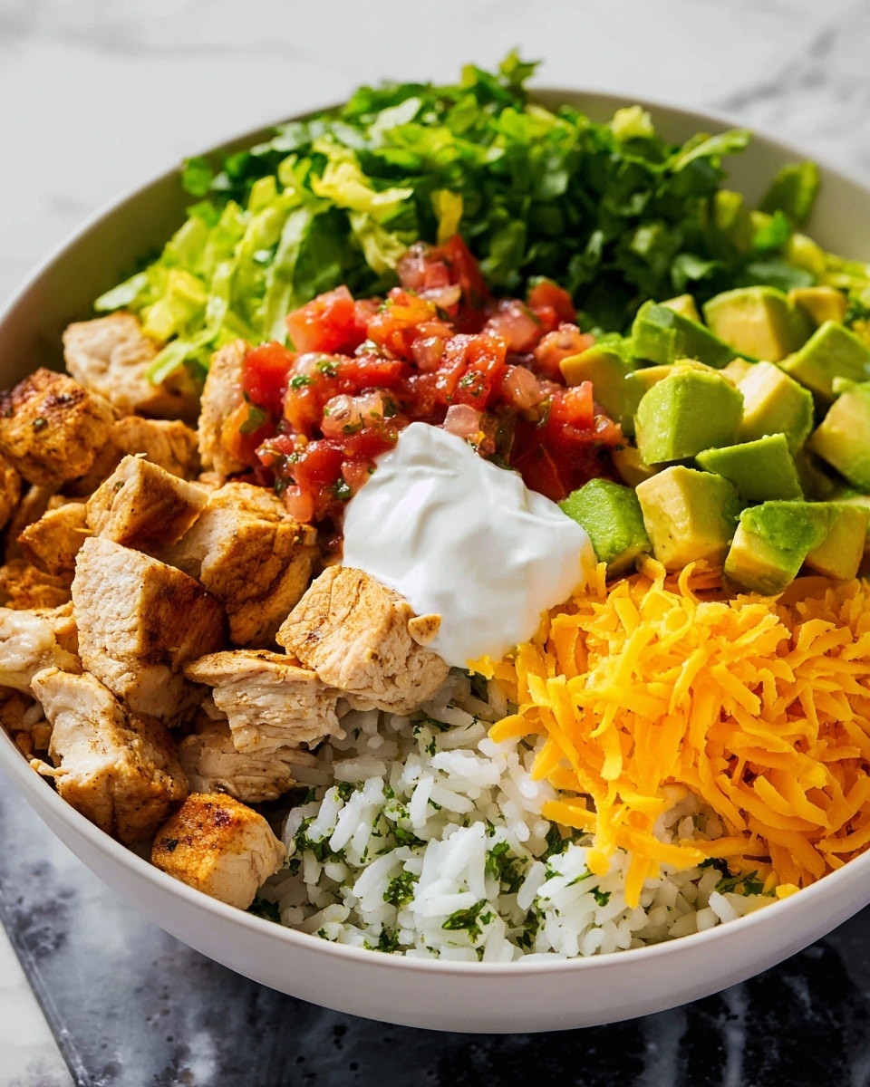 A black bowl on a white marbled surface is filled with a colorful layered dish. At the base, there is white rice mixed with green herbs. Above the rice, pieces of brown grilled chicken are placed on one side. Next to the chicken is a bright green layer of chopped lettuce. In the center, there is a small pile of red tomato salsa. On the right side, there are small yellow corn kernels, dark brown beans, and shredded orange cheese arranged in layers. Cubes of light green avocado are placed near the corn. A dollop of white sour cream sits on top of the rice near the center. Around the bowl, there are lime wedges and a small wooden bowl with green cilantro leaves, all on the white marbled surface. photo taken with an iphone --ar 4:5 --v 7