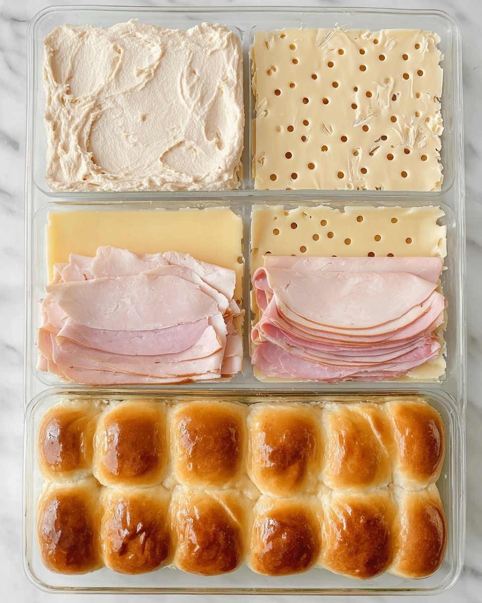 A close-up shows a square sandwich roll being lifted by a woman's hand holding a spatula. The roll has three main layers: the top is golden-brown, soft bread dusted with white powdered sugar. Below the bread is a melted light-yellow cheese layer. Under the cheese is a pinkish layer of ham, followed by a creamy white melted cheese layer. The sandwich base is a light-brown, soft bread layer. The background shows more similar rolls, all dusted with powdered sugar, resting on a white marbled surface in a white baking dish. photo taken with an iphone --ar 4:5 --v 7