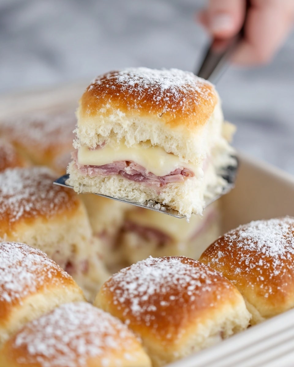 The image shows six steps of layering a casserole in a clear rectangular glass dish placed on a white marbled surface. The first layer is a light beige creamy mixture spread evenly. The second layer is four evenly placed slices of Swiss cheese with holes, covering the creamy base. The third layer is several overlapping slices of pale thin turkey placed carefully to cover the cheese. The fourth layer is similar but with six slices of pink ham, with darker edges, laid side by side. The fifth layer is again four Swiss cheese slices with holes, covering the ham. The final layer is a cover of twelve soft golden-brown dinner rolls, glazed with a shiny yellow topping. Photo taken with an iphone --ar 4:5 --v 7