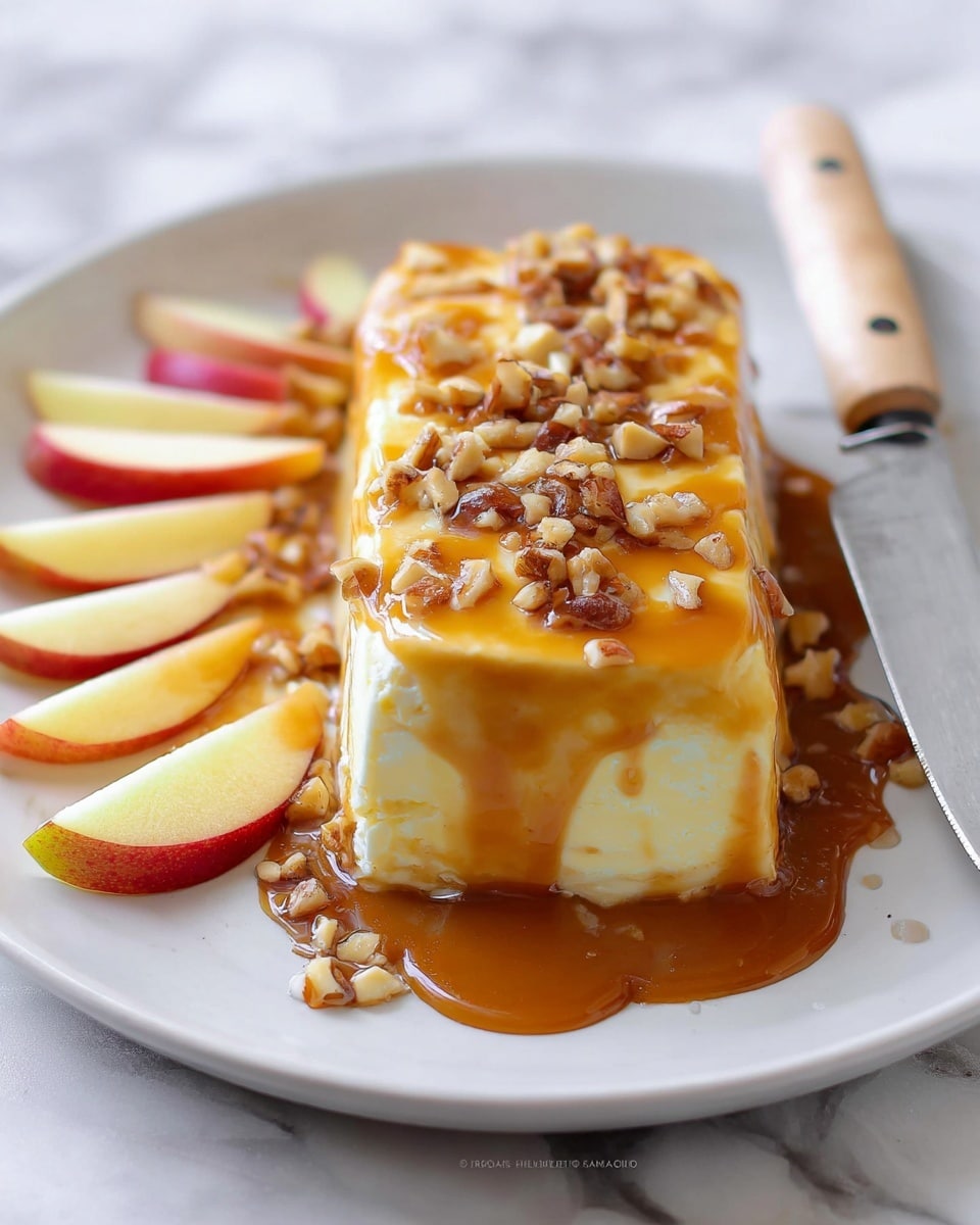 The image shows a white square plate placed on a white marbled surface. On the left side of the plate, there are thin slices of red and green apple arranged in a fan shape. In the center, there is a block of white cheese covered with a layer of thick golden syrup, topped with small, chopped nuts spread all over. In the foreground, a red and green apple slice holds a dollop of creamy white cheese with a drizzle of the same golden syrup and nuts, resting near a knife with a wooden handle. Photo taken with an iphone --ar 4:5 --v 7