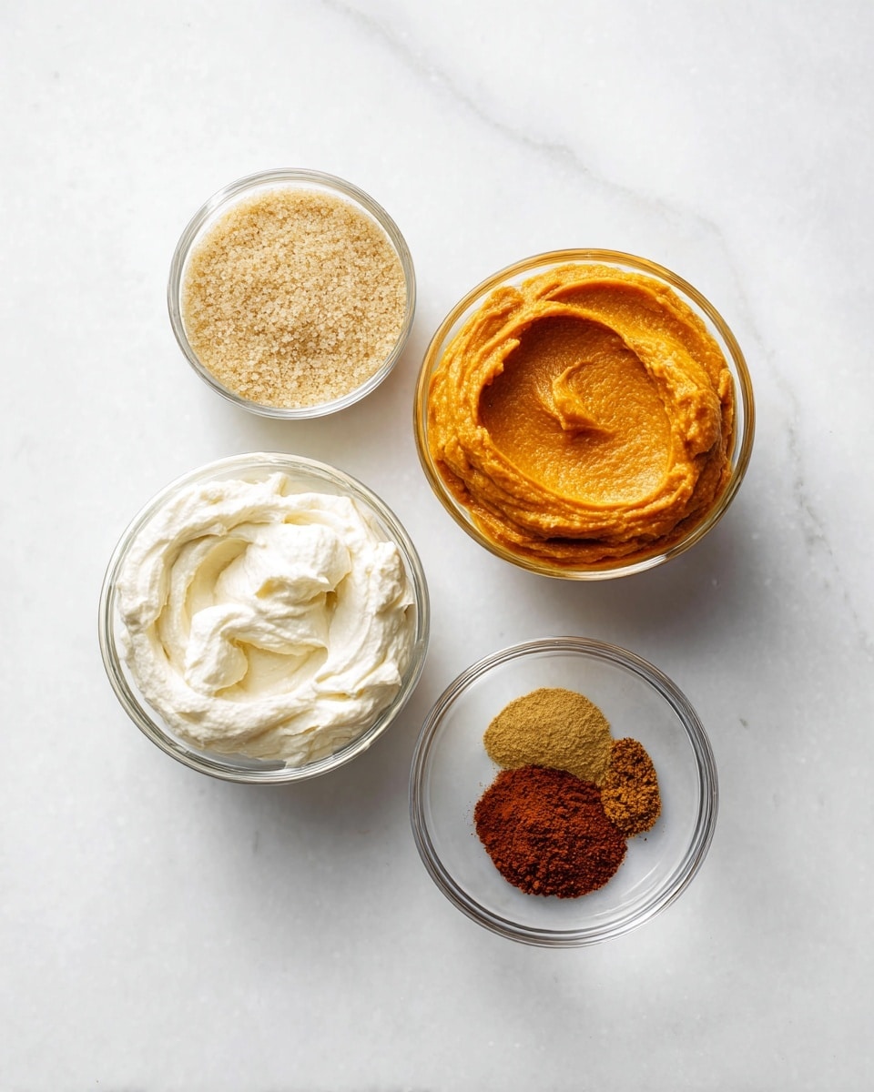 The image shows four small clear glass bowls placed on a white marbled surface. Starting from the top right, there is a bowl with three spices in layers: a light golden brown, a dark reddish brown, and a medium brown powder. To its left, there is a larger bowl filled with a thick, smooth orange paste with swirled texture. Below this bowl and slightly left, there is another bowl filled with a whipped, creamy white substance with soft swirls on top. Lastly, at the far left, there is a bowl full of light brown granulated sugar with a rough texture. The bowls are neatly arranged with space between them. Photo taken with an iphone --ar 4:5 --v 7