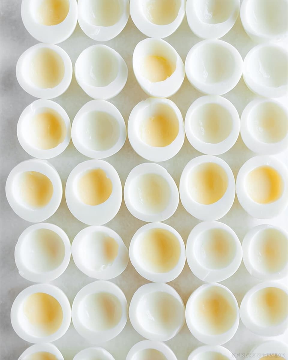The image shows many deviled eggs arranged in rows on a white marbled surface. Each deviled egg has a base layer of smooth, white egg white half, topped with a thick, creamy yellow filling that is piped into a textured, swirled shape. Small sprigs of green herbs are sprinkled over the yellow filling, adding a bit of color contrast. The overall look is neat, bright, and fresh. photo taken with an iphone --ar 4:5 --v 7