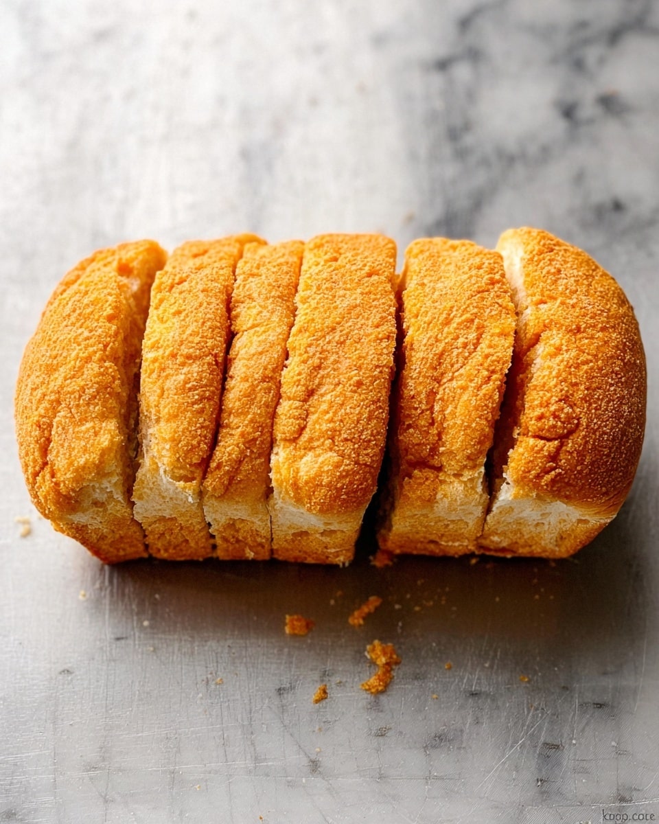 The image shows a loaf of bread with a golden brown crust, sliced into six pieces. The bread has a coarse, crumbly texture on the outside, with a soft and fluffy inside visible through the cut edges. The loaf is placed on a white marbled surface with a slight shine, reflecting some light softly. The bread pieces are evenly sized and aligned in a row. photo taken with an iphone --ar 4:5 --v 7