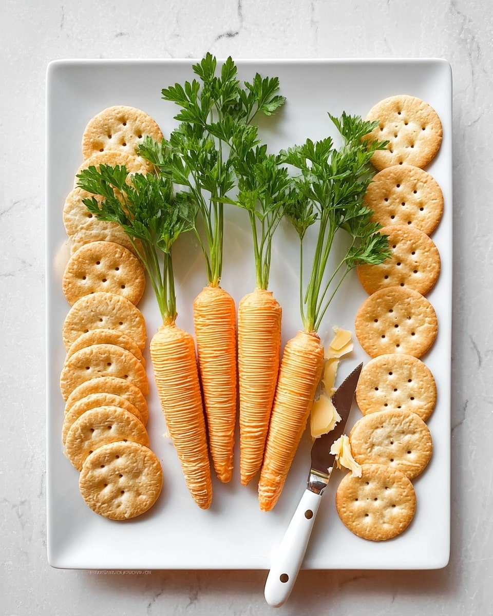 A white square plate holds a neat arrangement of round crackers forming a semicircle on the left and right sides of the plate. In the middle, there are four carrot-shaped items with a light orange color and textured surface to look like real carrots, topped with fresh green parsley leaves that resemble carrot tops. A white-handled butter knife rests at the bottom of the plate, spreading a soft light-yellow cheese onto one of the crackers placed in front. The plate sits on a white marbled surface. photo taken with an iphone --ar 4:5 --v 7
